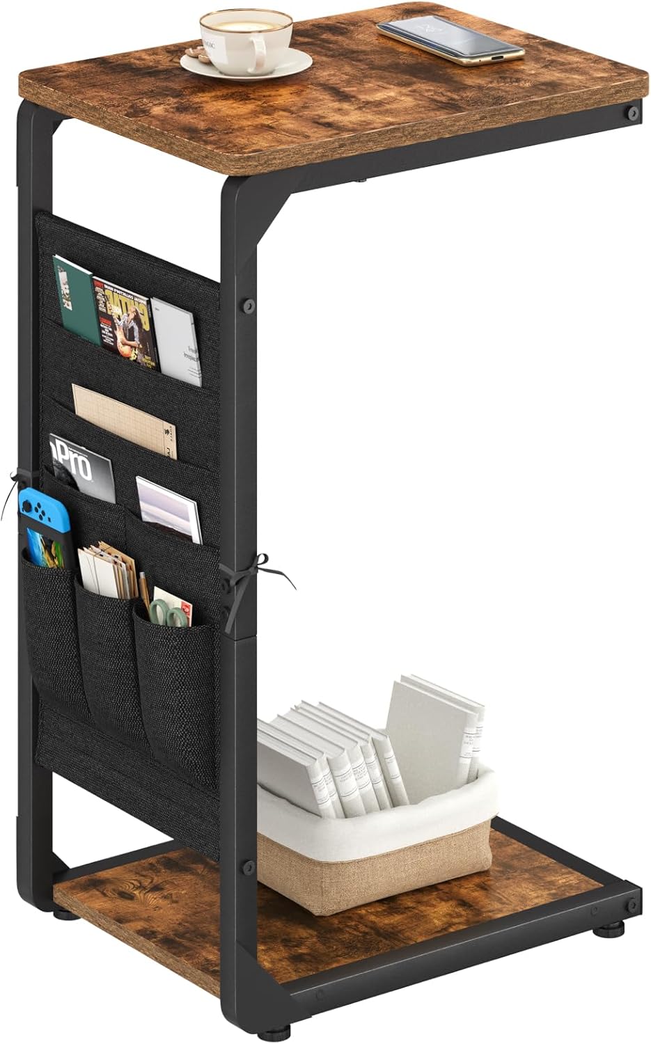 Narrow C-Shaped End Table with Storage Bag, Small Couch Side Table, Sofa TV Tray Table for Living Room, Bedroom, Bedside ET-P-BR1