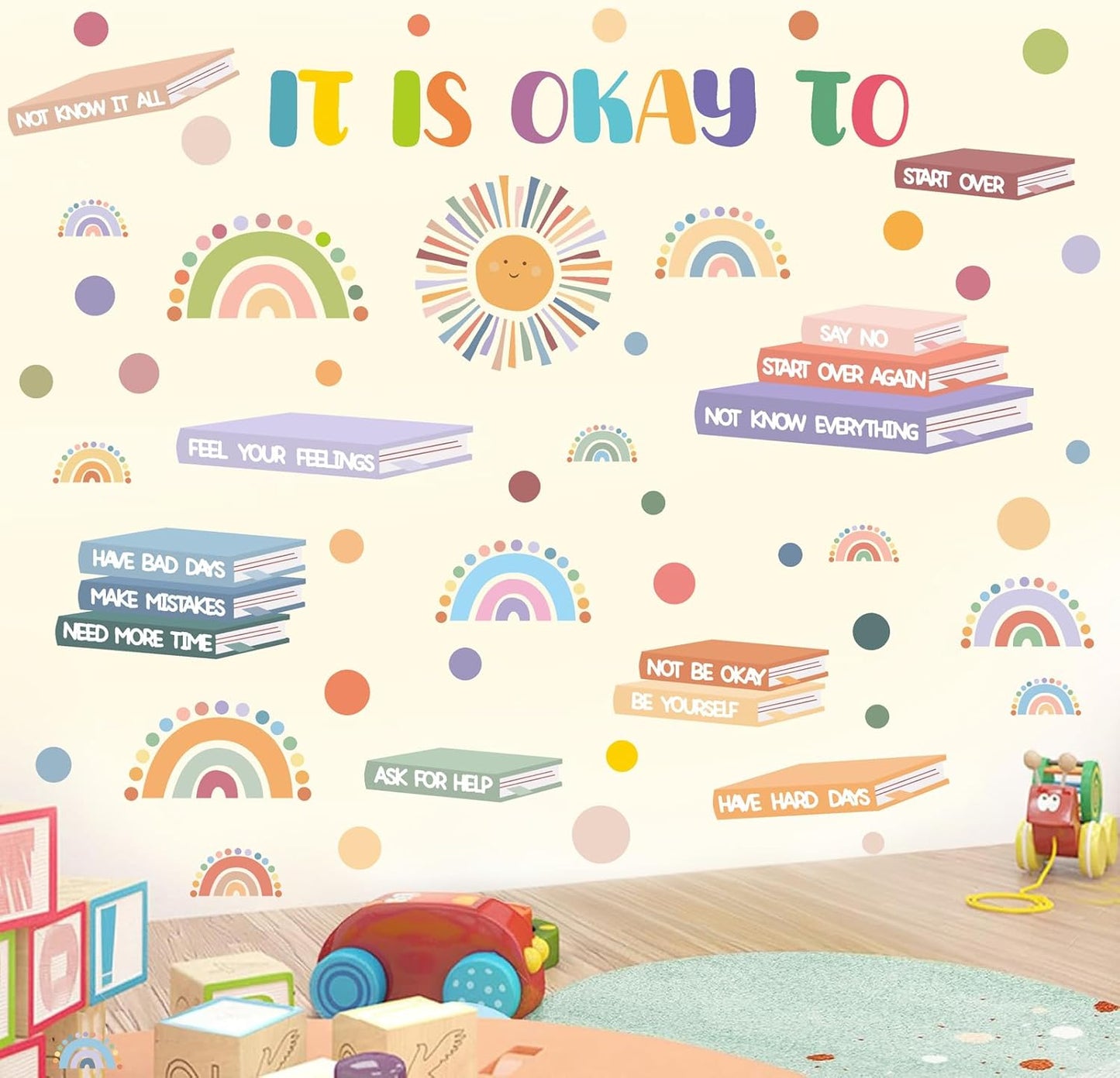 Kids Inspirational Wall Decals Motivational Quotes Wall Stickers Peel and Stick Reading Wall Decals Watercolor Polka Dots Rainbow Sun Wall Stickers for Nursery Classroom Playroom Reading Room Decor