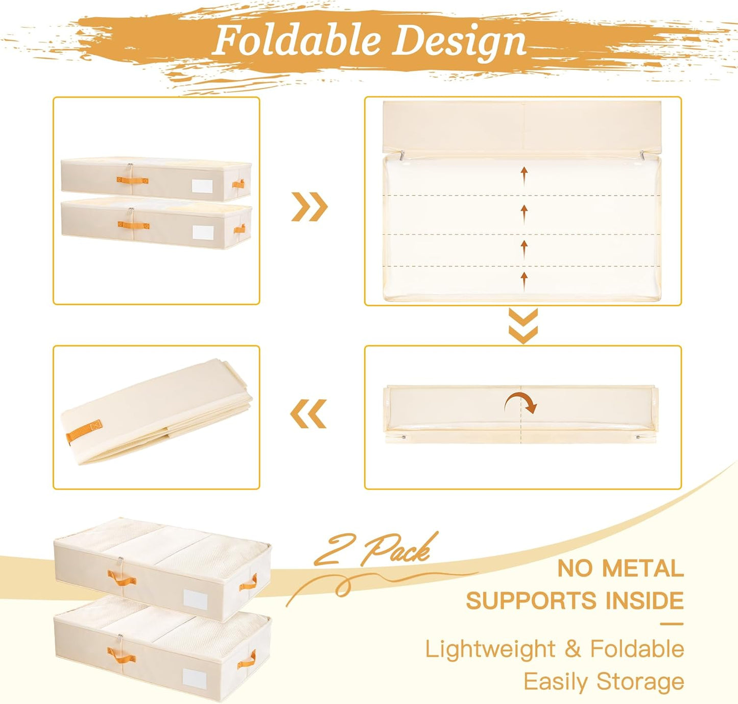 Criusia Under Bed Storage Bins with Clear PVC Lids – 2 Pack Large Underbed Organizers with Heavy-Duty Handles, Reinforced with 800G PP Panels & 80G Non-Woven Fabric – Waterproof & Foldable, Beige