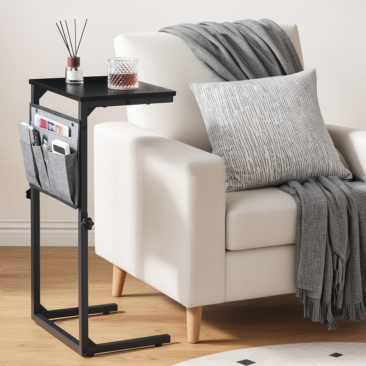 HOOBRO C Shaped End Table, Adjustable Side Table for Sofa, Couch Table that Slide Under, Small Table with Storage Pockets, for Living Room, Bedroom, Black BB77SF01