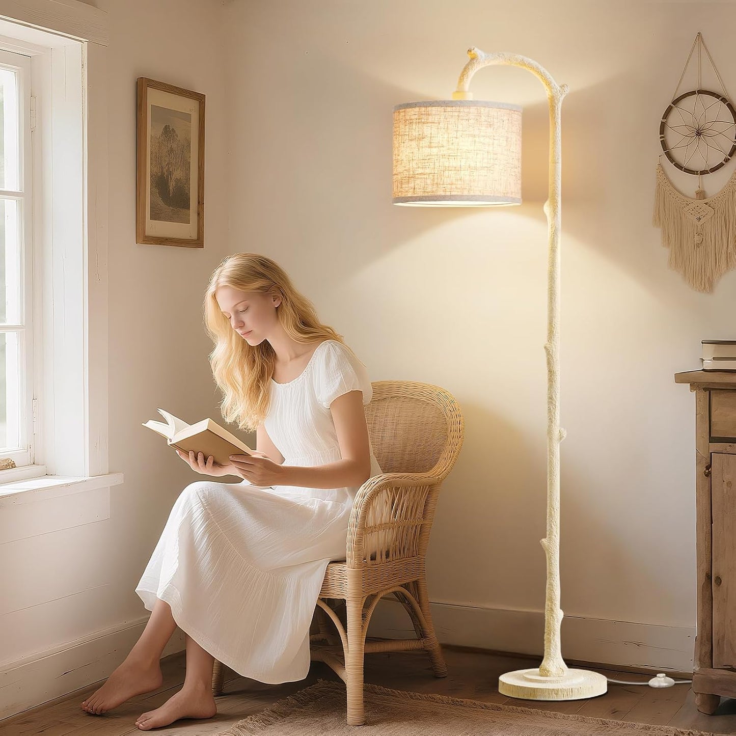 Floor Lamp for Living Room - 69" Rustic Farmhouse Tall Lamp with Adjustable Color Temperatures- Country Resin Vintage Reading Light Standing Lamps for Bedroom Office Home Decor, Almond White