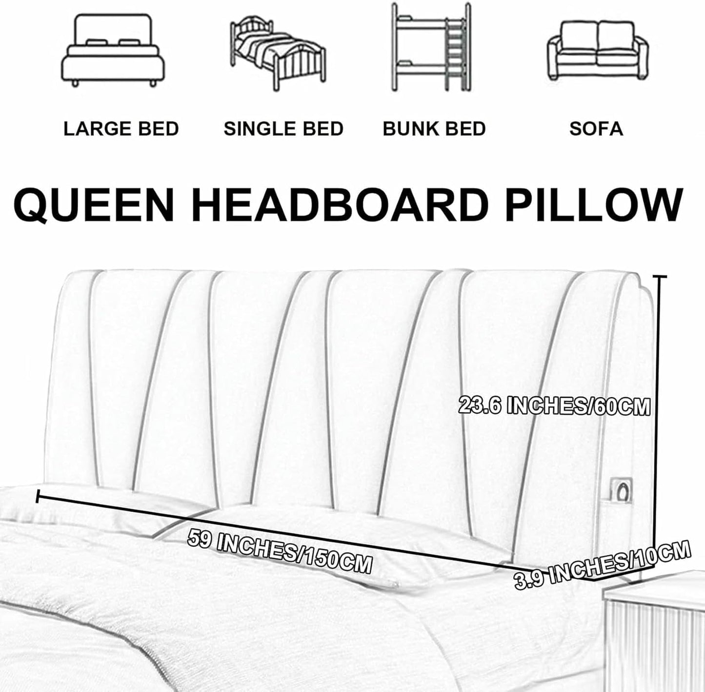 Rectangle Bedside Support Cushion Headboard Pillow Large Backrest,Reading Pillow Wall Pillowboard Neck Lumbar Upholstered Bedroom Bunk Bed Daybed Bolster,Gray1,Straps 59"/Queen