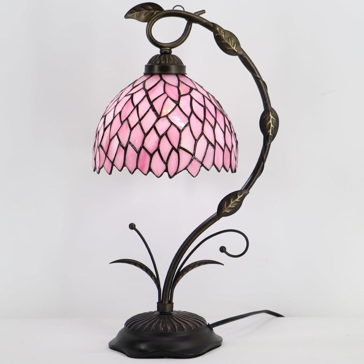 Tiffany Table Lamp, Stained Glass Desk Reading Light, 8X10X19 Inches, Metal Leaf Base (Pink Wisteria)
