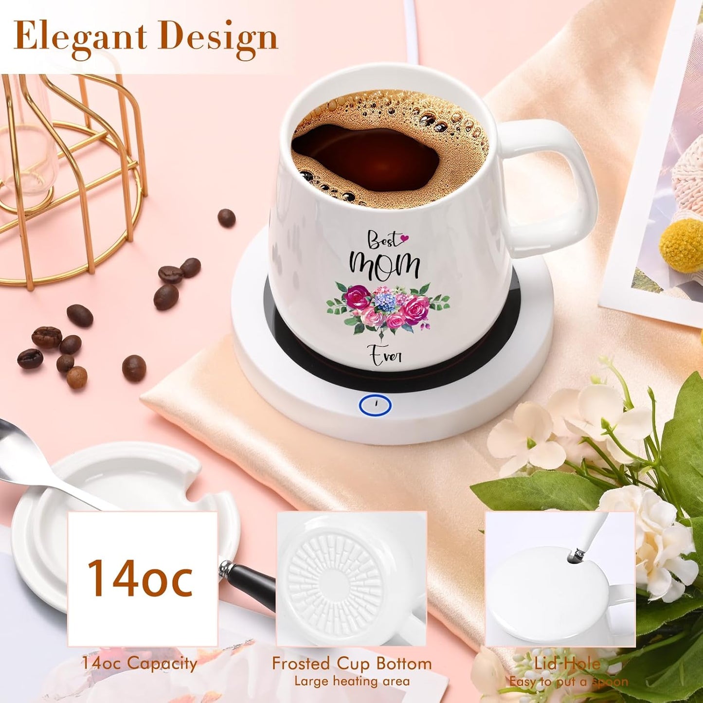 Coffee Mug Warmer, Best Mom Ever Mug, Coffee Cup Warmer for Desk, Gifts for Women, White Heated Coffee Warmer for Mom Home Office Christmas Birthday Gifts