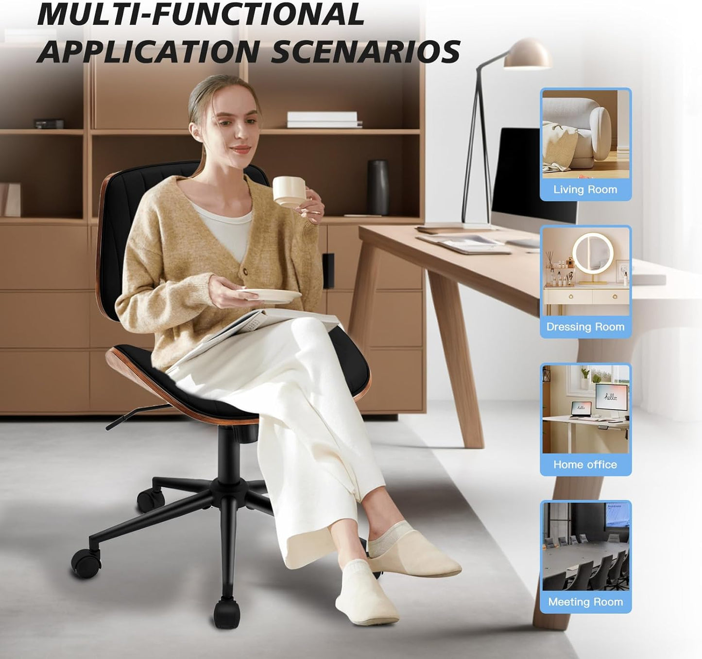 Armless Desk Chair with 360°Swivel Wheels, Ergonomic Adjustable Height Computer Chair for Home Office,PU Leather with Modern Walnut Drafting Chairs for Office, Reading Nook(Black)