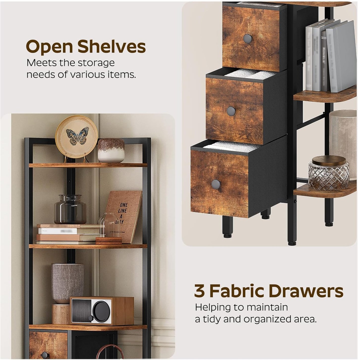 Corner Shelf Stand, 5-Tier Corner Bookshelf with 3 Drawers, Industrial Display Shelf for Narrow Spaces, Wooden Small Bookcase, Easy Assembly, Rustic Brown and Black CJ10BR