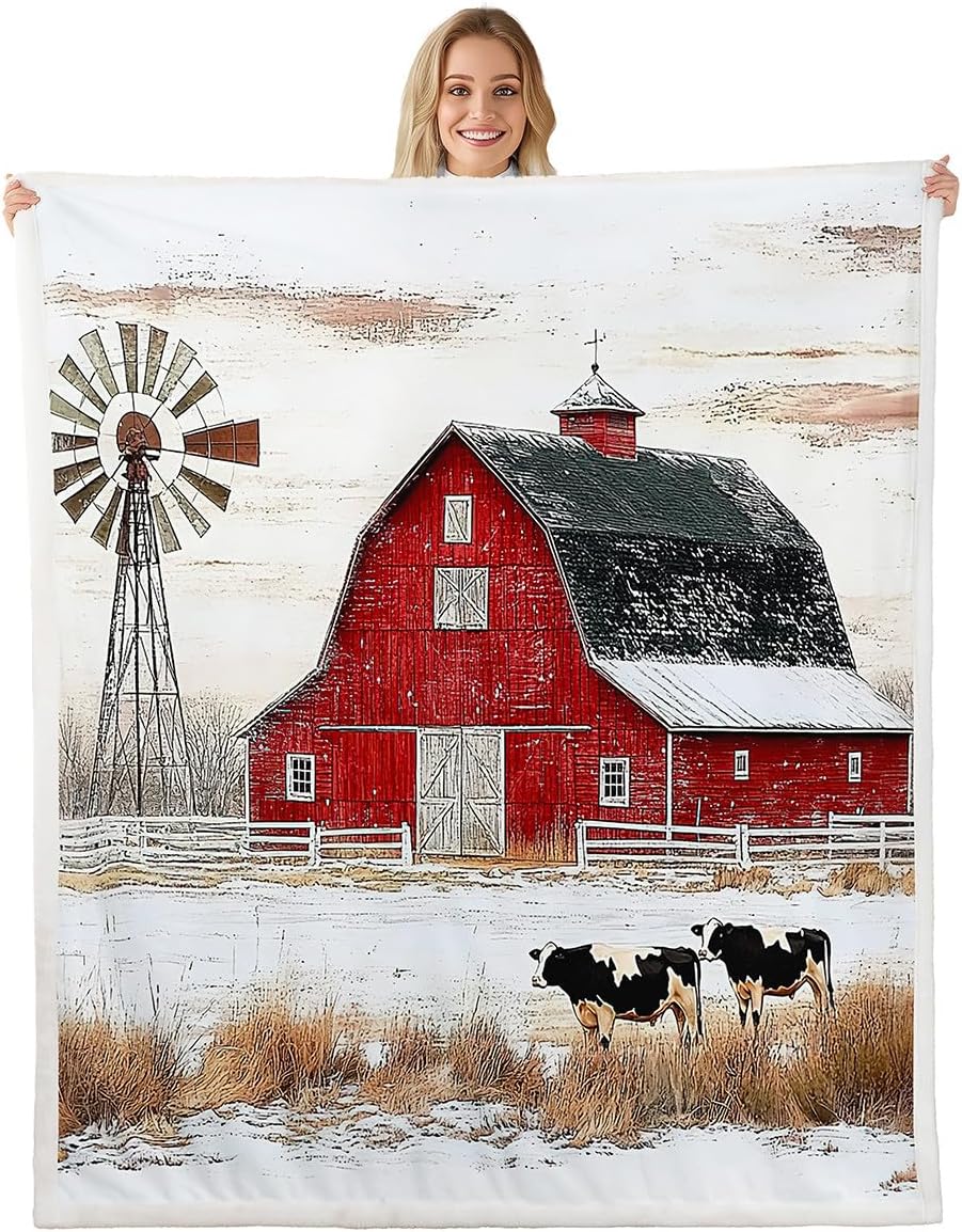Erosebridal Rustic Barn Fleece Blanket Twin 60"x80" Farmhouse Cow Sherpa Blanket for Kids Boys Girls Windmill Milk Cow Country Landscape Vintage Old Red Cabin Fuzzy Plush Throw