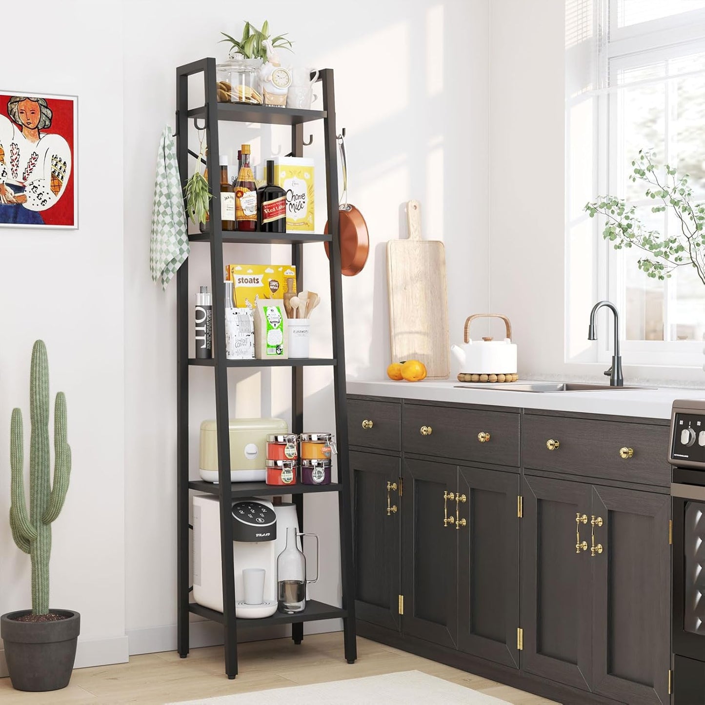 YMYNY 5 Tiers Ladder Bookcase, Industrial Narrow Bookshelf, Open Display Rack with 4 S Hooks, Metal Storage Shelves for Bedroom, Home Office, Living Room, Black, 63H*13.4L*11.8W, UHBC025B