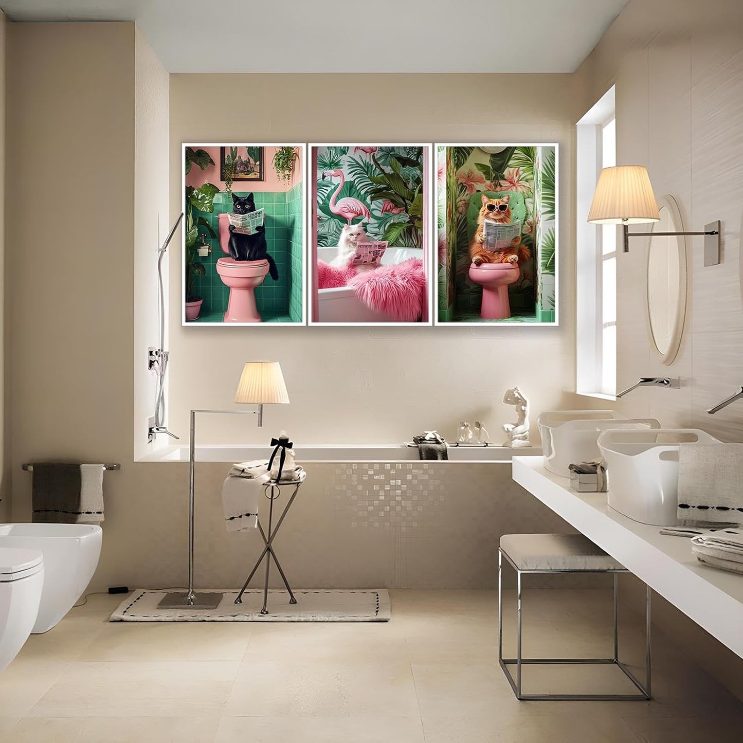 Funny Black Cat Orange Cat Toilet Art Bathroom Tropical Print White Print Reading Posters Animal Canvas Wall Art For Toilet Room Decor Aesthetics Set of 3 12X16 in Unframed