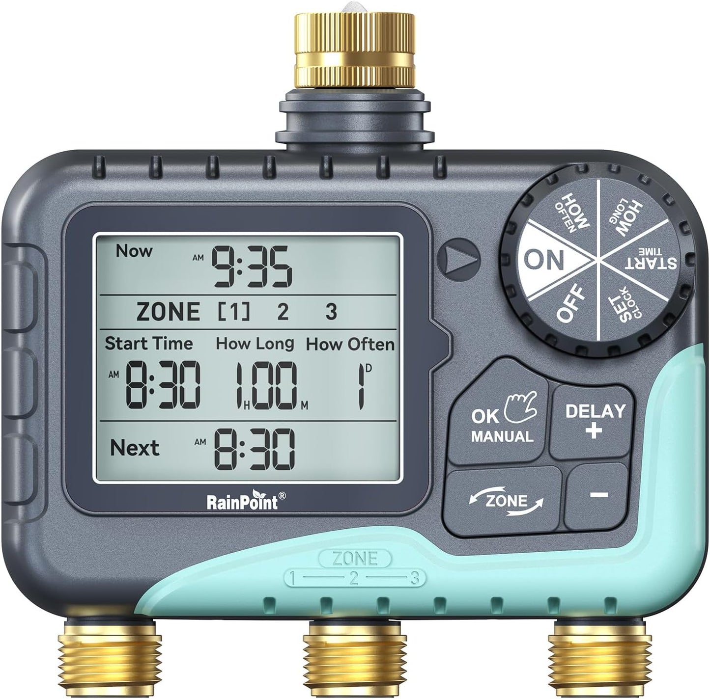 RAINPOINT 3 Zone Water Timer with Brass Inlet & Outlet, 3 Custom Watering Plans Sprinkler Timer, Featuring IP65 Waterproof,Rain Delay, Manual & Automatic Watering with Large LCD for Yard, 2026 Ver.