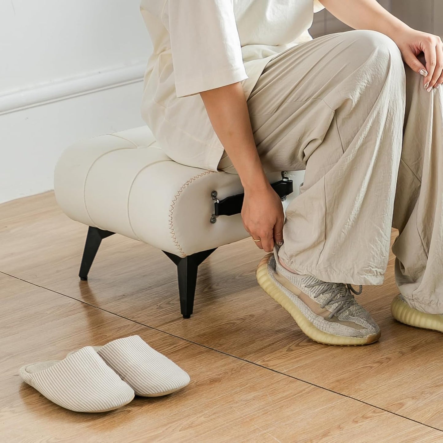 Small Footstool Ottoman - Stylish and Functional Faux Leather Footrest for Extra Seating in Living Room, Entryway, or Office