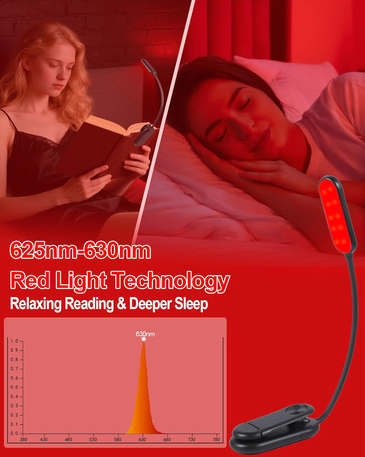 625nm Red Book Light [1 Pack] - Zero Blue Light, Rechargeable Clip On Red Reading Light Lamp for Reading at Night - Poratble Dimmable LED Book Lamp, Gift for Travel Studying Nursing