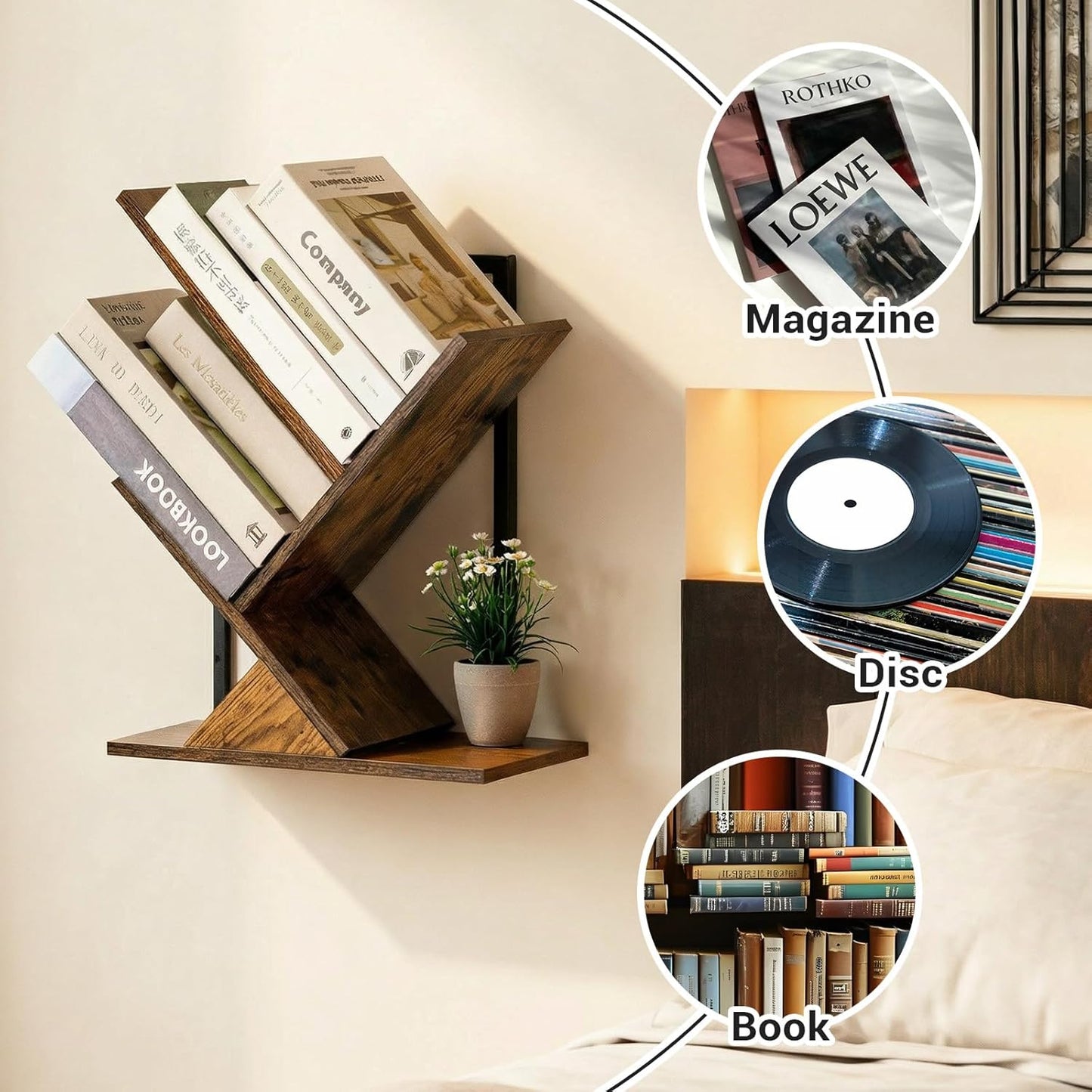 3-Tier Tree Book Shelves for Wall, Small Wall Mounted Shelves, Unique Hanging Bookshelf Storage Rack, Floating Bookshelves Organizer for Living Room, Office, Rustic Brown & Black