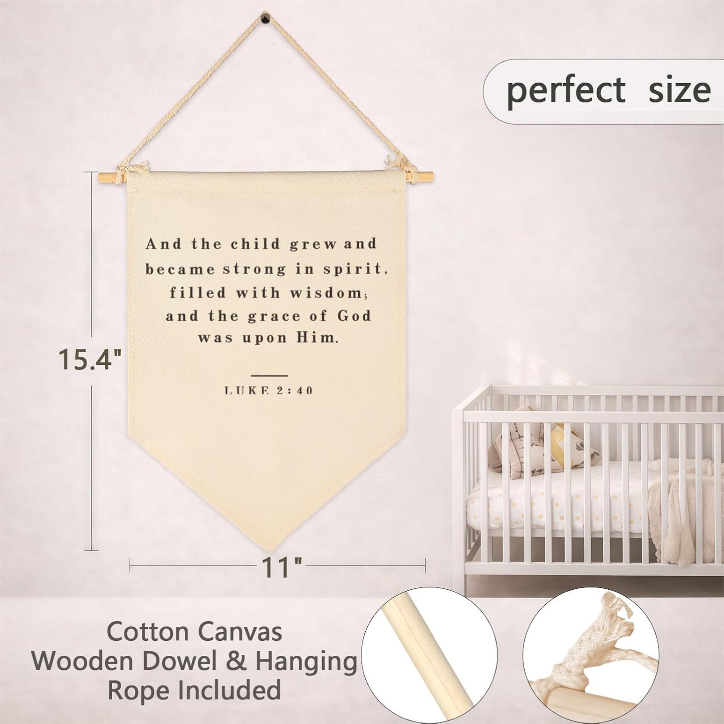 Christian Bible Verse Scripture Canvas Banner Pennant Sign Wall Decor Gift for Baby Boy Girl Kid Nursery Playroom Reading Room-Baby,Shower,Birthday Christmas Gift-and the Child Grew-15.6 H"x 11" W