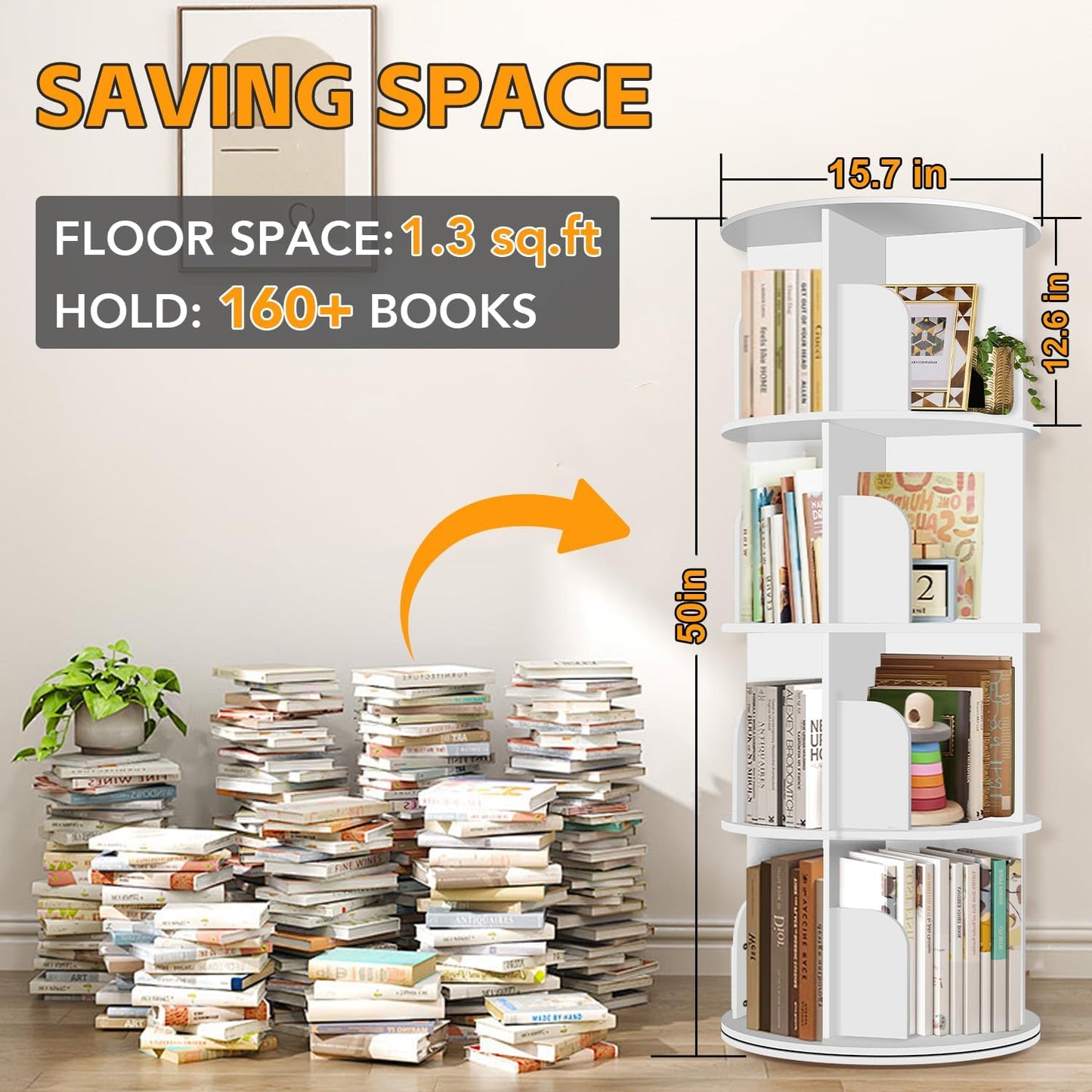 4 Tier Rotating Bookshelf Tower, Spinning Bookshelf, Revolving 360° Bookcase Storage Round Carousel, Vertical Rotate Turning Spiral Corner Organizer Lazy Susan, White