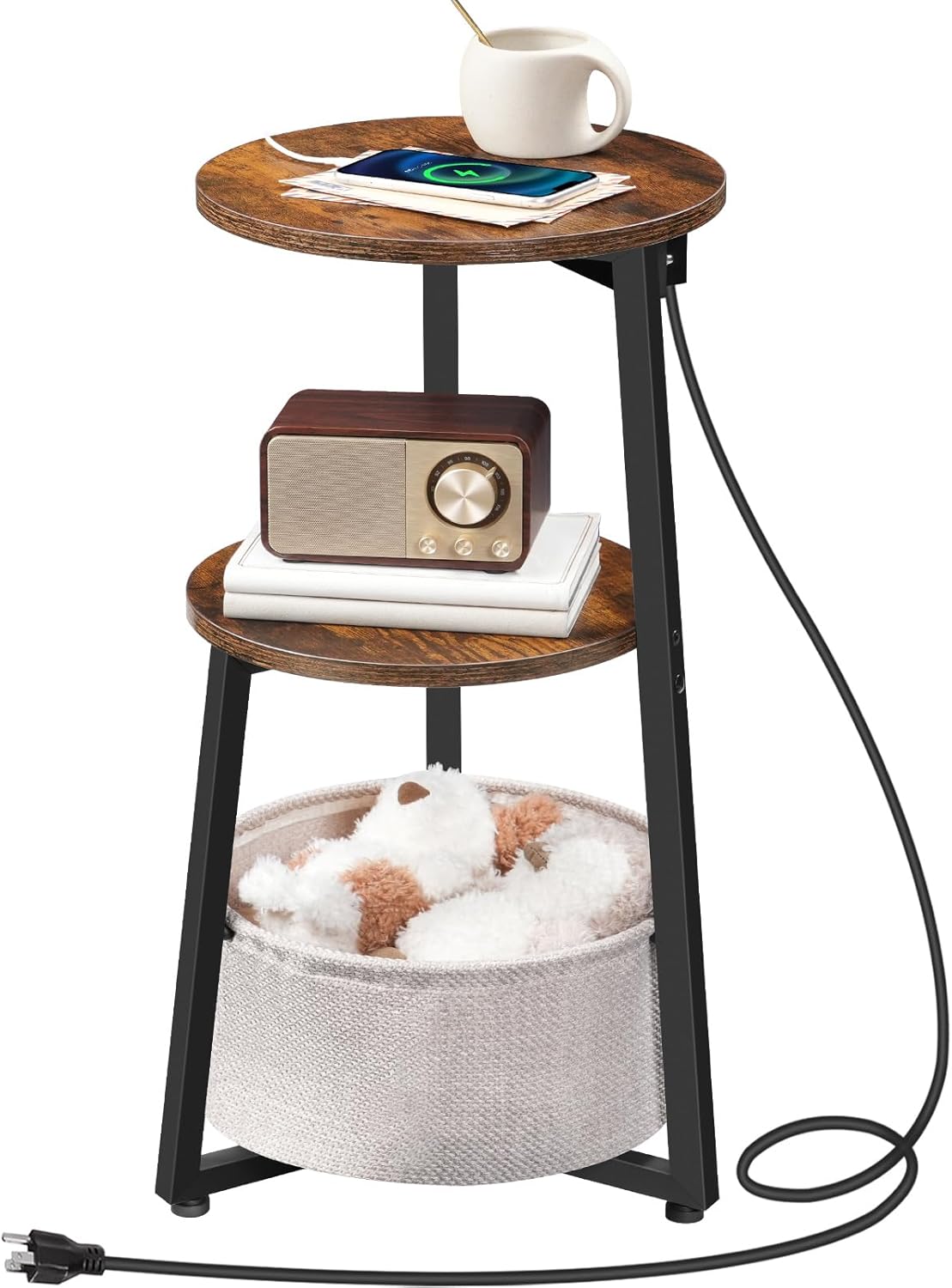 HOOBRO Small Round Side Table with Charging Station, Round End Table with Cotton Linen Storage Basket, Compact Sofa Side Table Nightstand for Small Space, Corner, Living Room, Rustic Brown BF169UBZ01