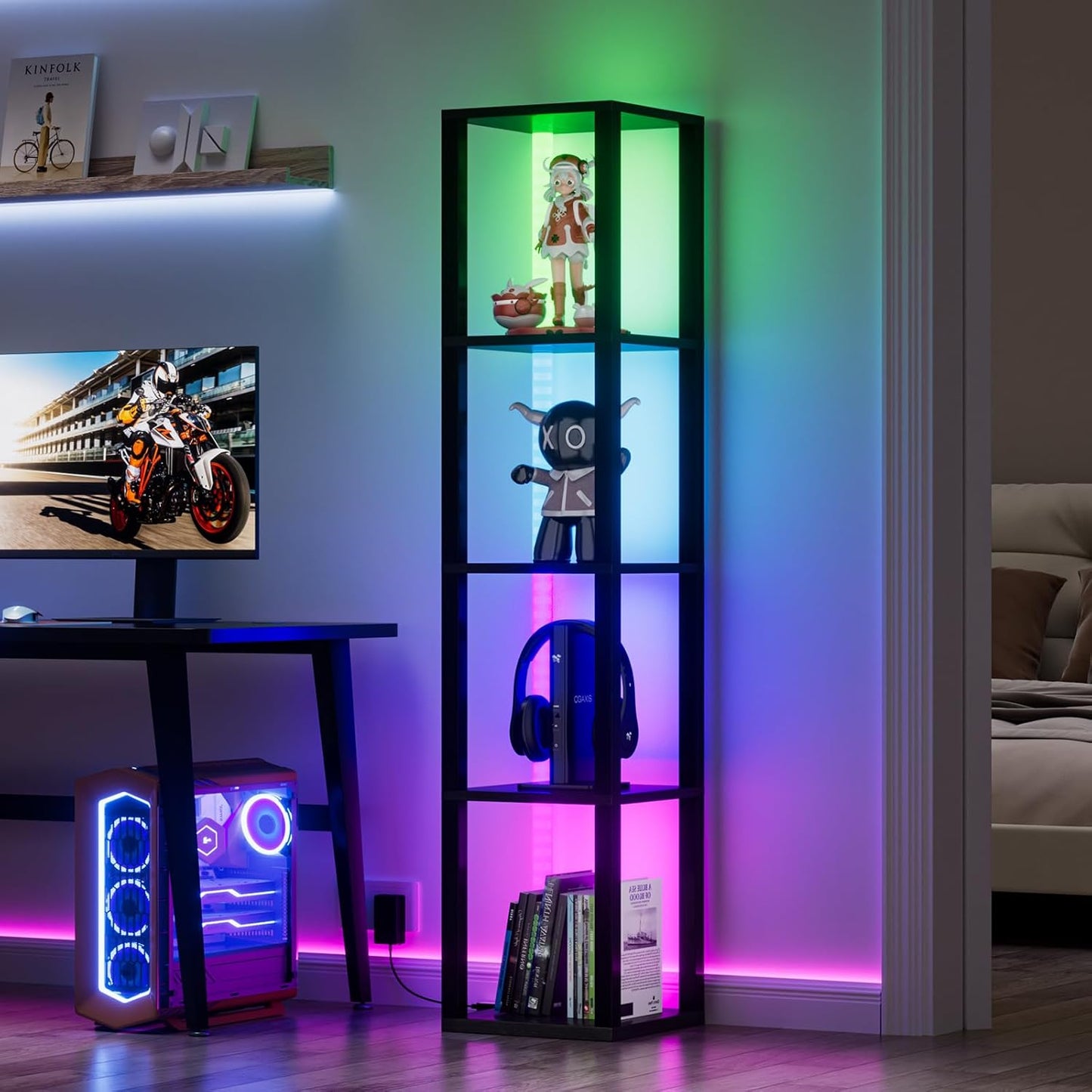 Corners Shelf with Light 5 Tier Tall Standing Shelf Dimmable Corner Floor Lamp with Shelves LED Corner Bookshelf Display Cabinet Shelf for Living Room, Bedroom, Home Decor