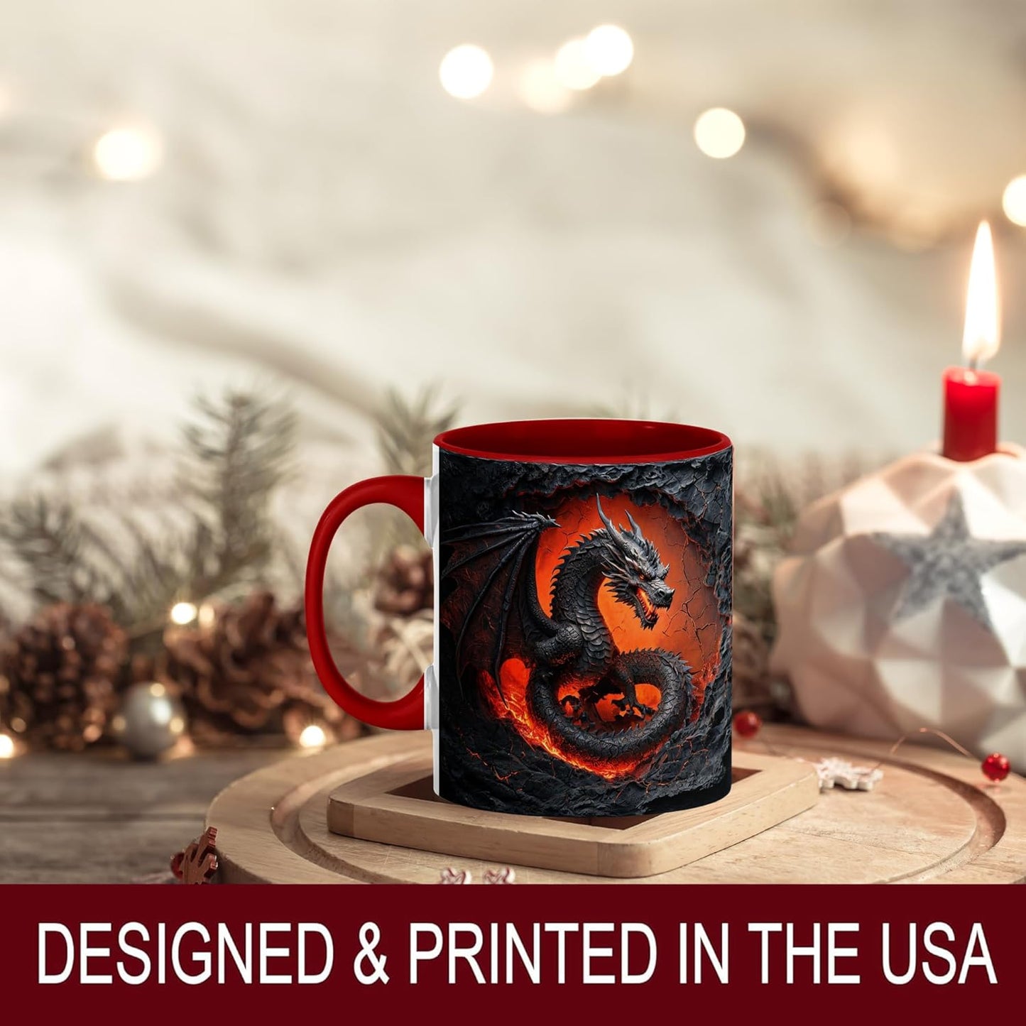 Dragon Coffee Mug, Red Handle and Interior, Fiery in Lava Cracked Design, 11oz Ceramic Cup for Fantasy Enthusiasts, Unique Gift for Men, Office, Home, Birthday, Christmas