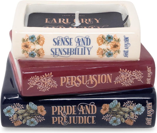 Steel Mill & Co Novelty Shaped Book Theme Scented Candle, Library Stack 6.5 oz Wax Candle with Notes of Earl Gray Tea and Honey, Unique Gift for Mother's Day (Jane Austen)