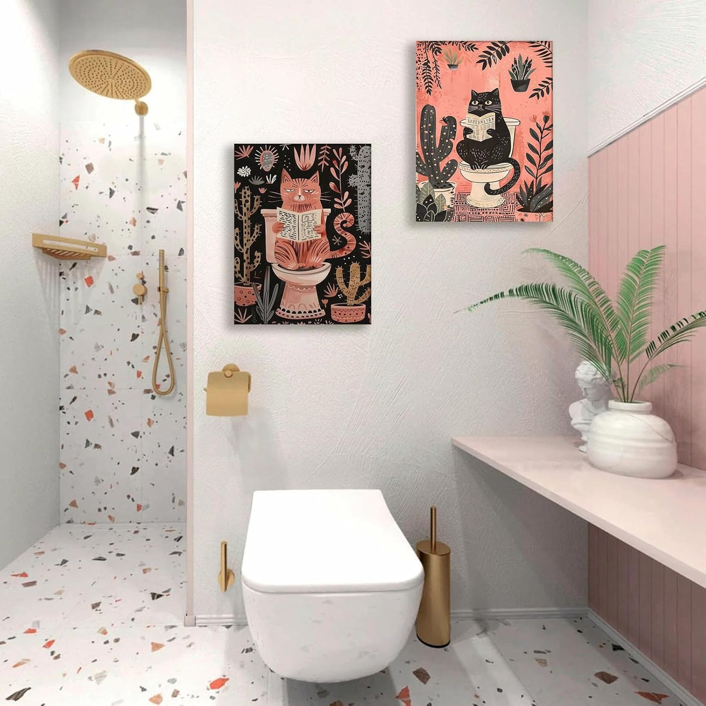 2Pcs Funny Cat Bathroom Wall Art Pink Cute Pets Canvas Wall Decor Cat Reading Newspaper On The Toilet Posters Picture Cactus Prints Animals Plants Trendy Painting for Bathroom Decoration 12x16in