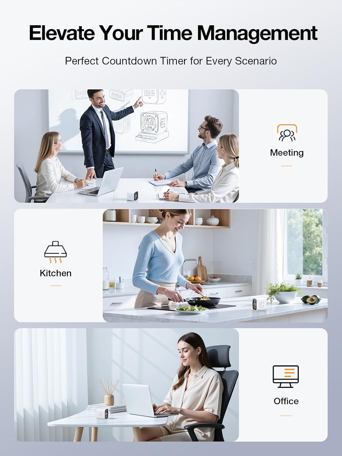 TK3 Pomodoro Timer Cube, Productivity Timer, 5/10/30/60 Min Presets, Custom Countdown, Stopwatch & Clock, Triple Alarms, Silent/Vibration/Sound Alerts, Rechargeable for ADHD Study Task, White