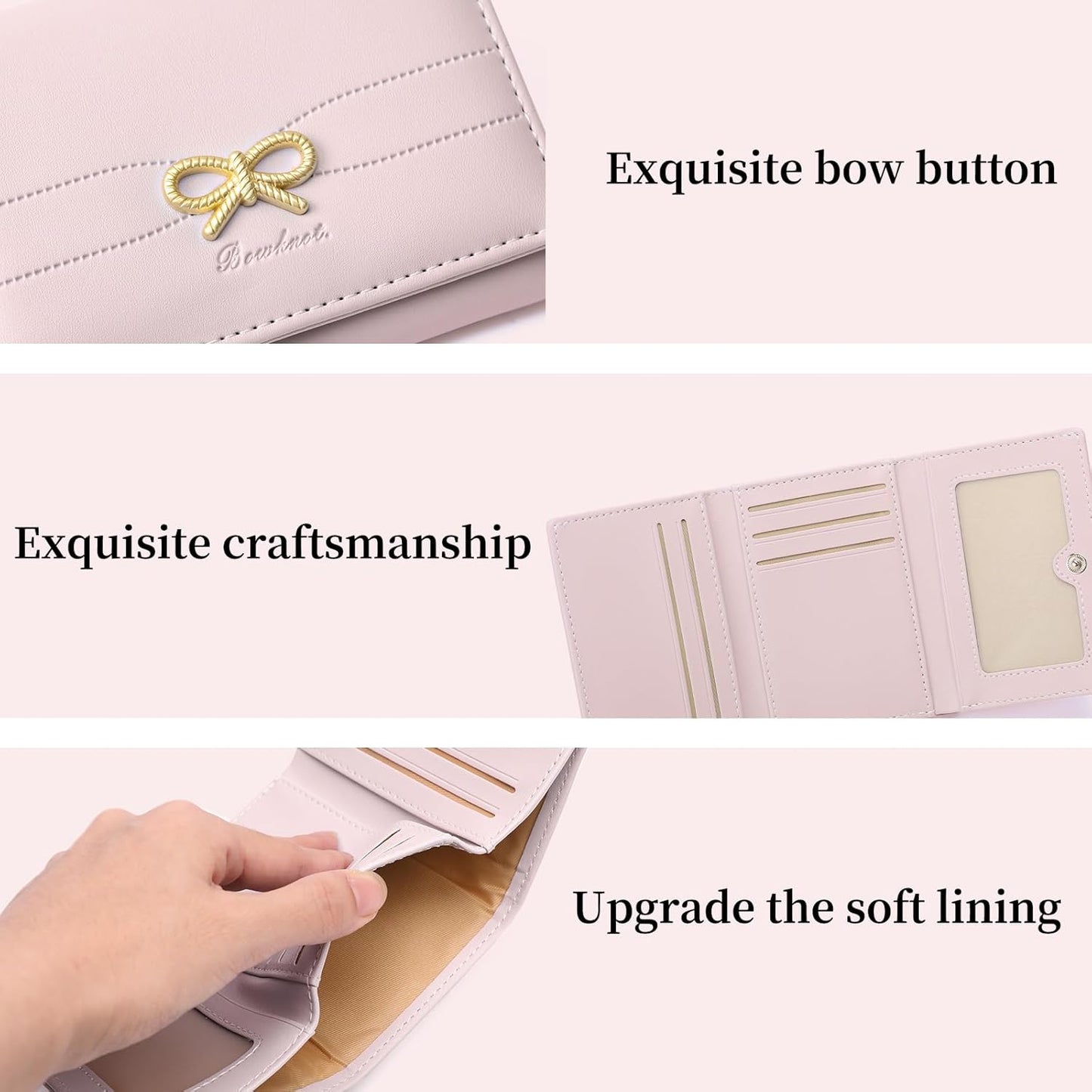 Small Wallets Girls Cute Coquette Bow Wallet Women Aesthetic Credit Card Holder with ID Window, Pink