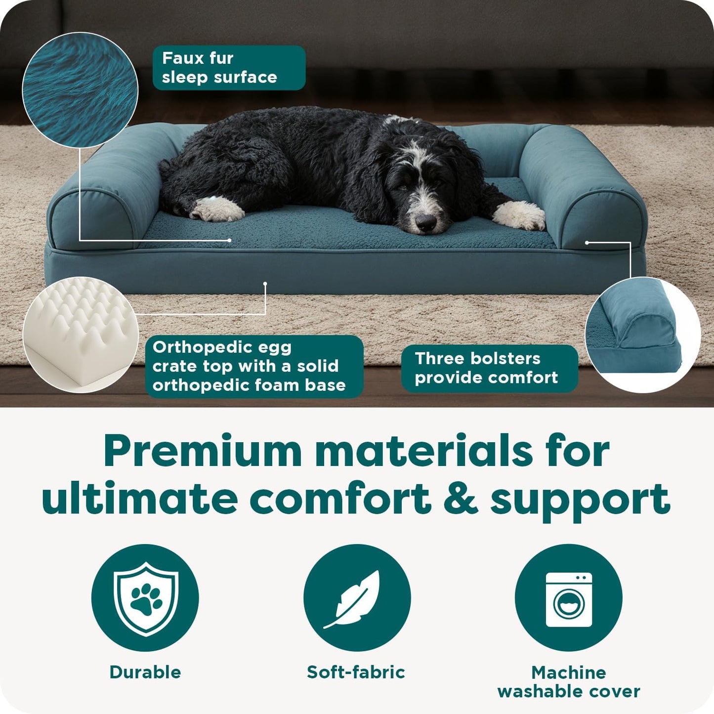 FurHaven Orthopedic Dog Bed for Large Dogs, Sofa Contour Mattress with Egg Crate with a Solid Orthopedic Foam Base for Joint Support, Removable Washable Cover, Large, Plush & Suede, Deep Pool