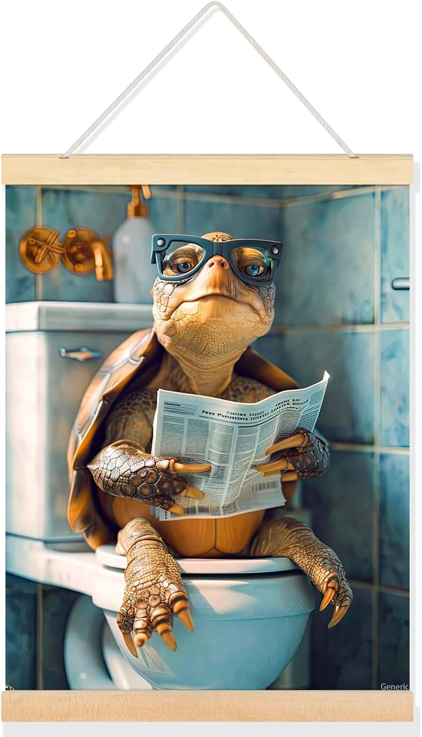 Turtle Reading Newspaper on Toilet Cute and Funny Tortoise Poster, Cute Wall Decor, Gift for Animal Lovers, Bathroom and Toilet Decor 12x16inch Framed