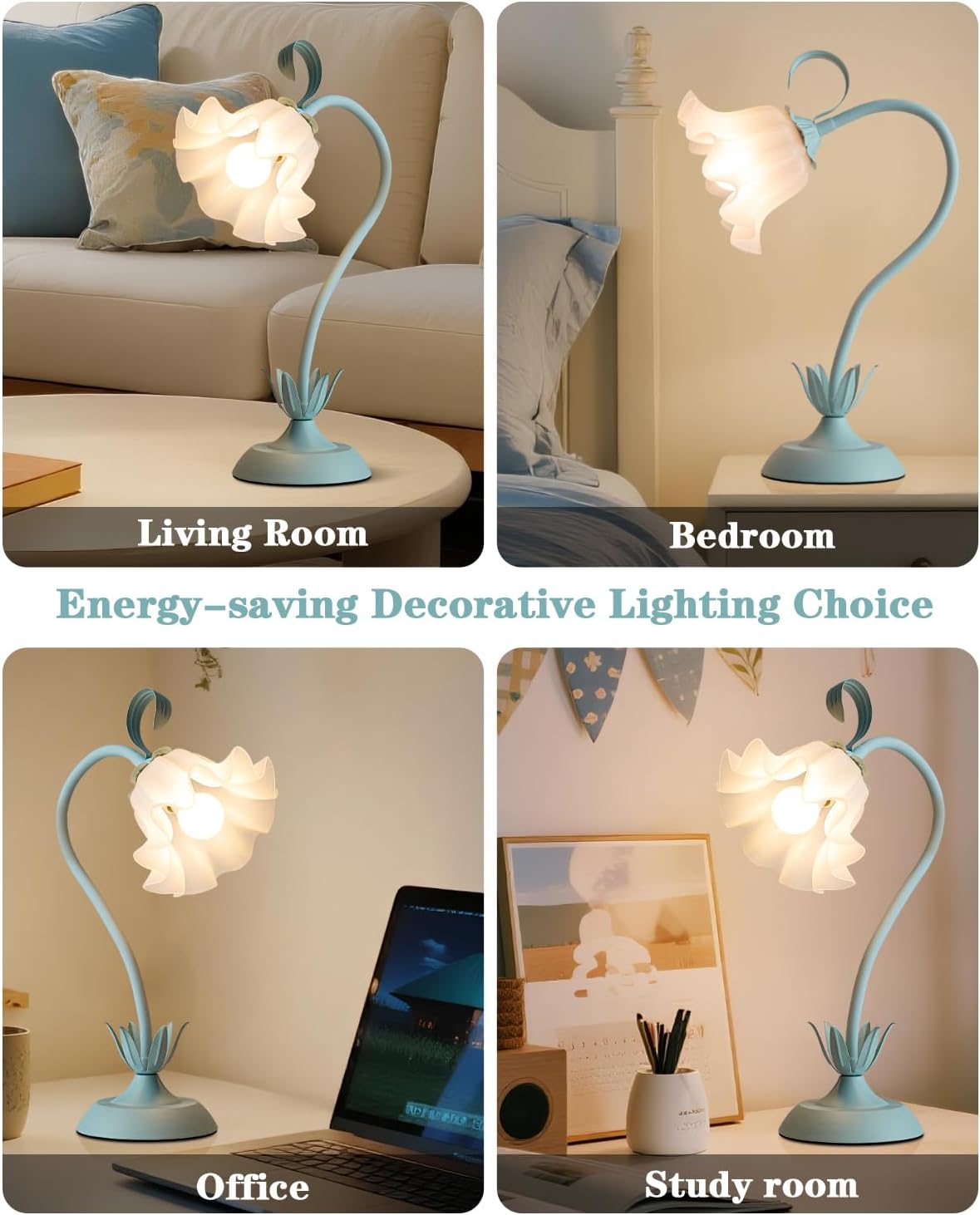 Flower Table Lamp, LED Reading Light Vintage Bedside Table Lamp with 3 Color Modes for Nightstand, Kawaii Decoration for Home Bedroom Living Room (Blue)
