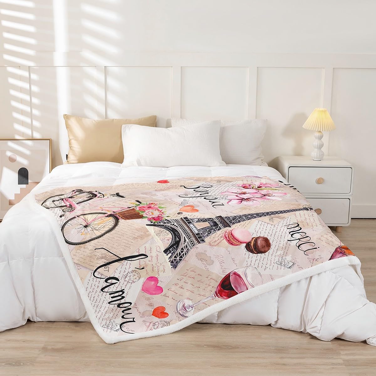 Feelyou Eiffel Tower Sherpa Throw Blanket Girls Chic Romantic Paris Theme Fleece Blanket for Bed Sofa Couch Women Teens Pink Floral Flowers Plush Blanket Retro French Letter Room DecorThrow 50"x60"
