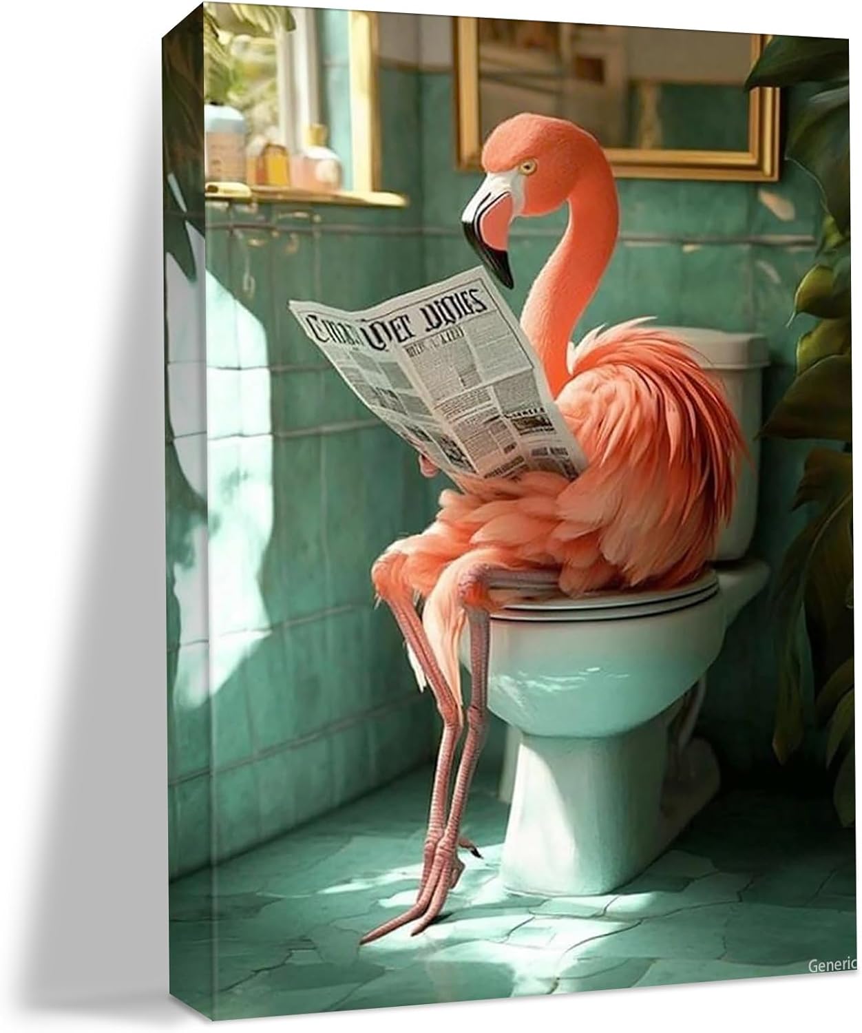 Bathroom Animal Poster Decor Flamingo on The Toilet and Reading Newspaper Bathroom Wall Decor Home Decor Frame-Style 8x10inch