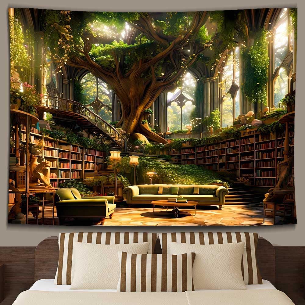 Ine Ive Fantasy Library Tapestry Magic Tree Bookshelf Medieval Palace Tapestries Wall Hanging 80x60inch Fairytale Tree Books Reading Poster Aesthetic for Bedroom Dorm Home Decorations