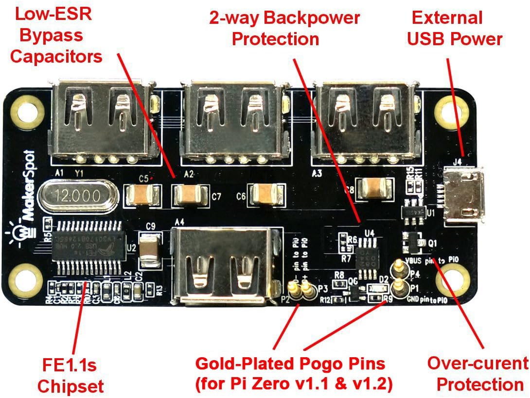 4-Port Stackable USB Hub HAT for Raspberry Pi Zero V1.3 (with Camera Connector) and Pi Zero W /2W (with Bluetooth & WiFi)
