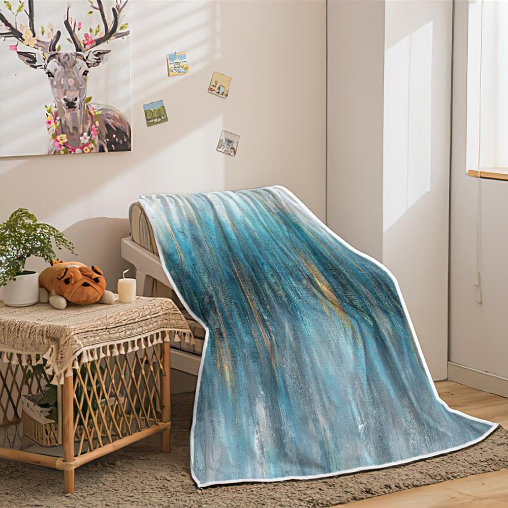 Blue Throw Blanket, Light Blue Fleece Blankets, Turquoise Teal Gold Throw Blankets, Soft Plush Warm Throw for Couch, Bed,Outdoor, Camping Decor, Gifts for Wife, Women, Men, Kids