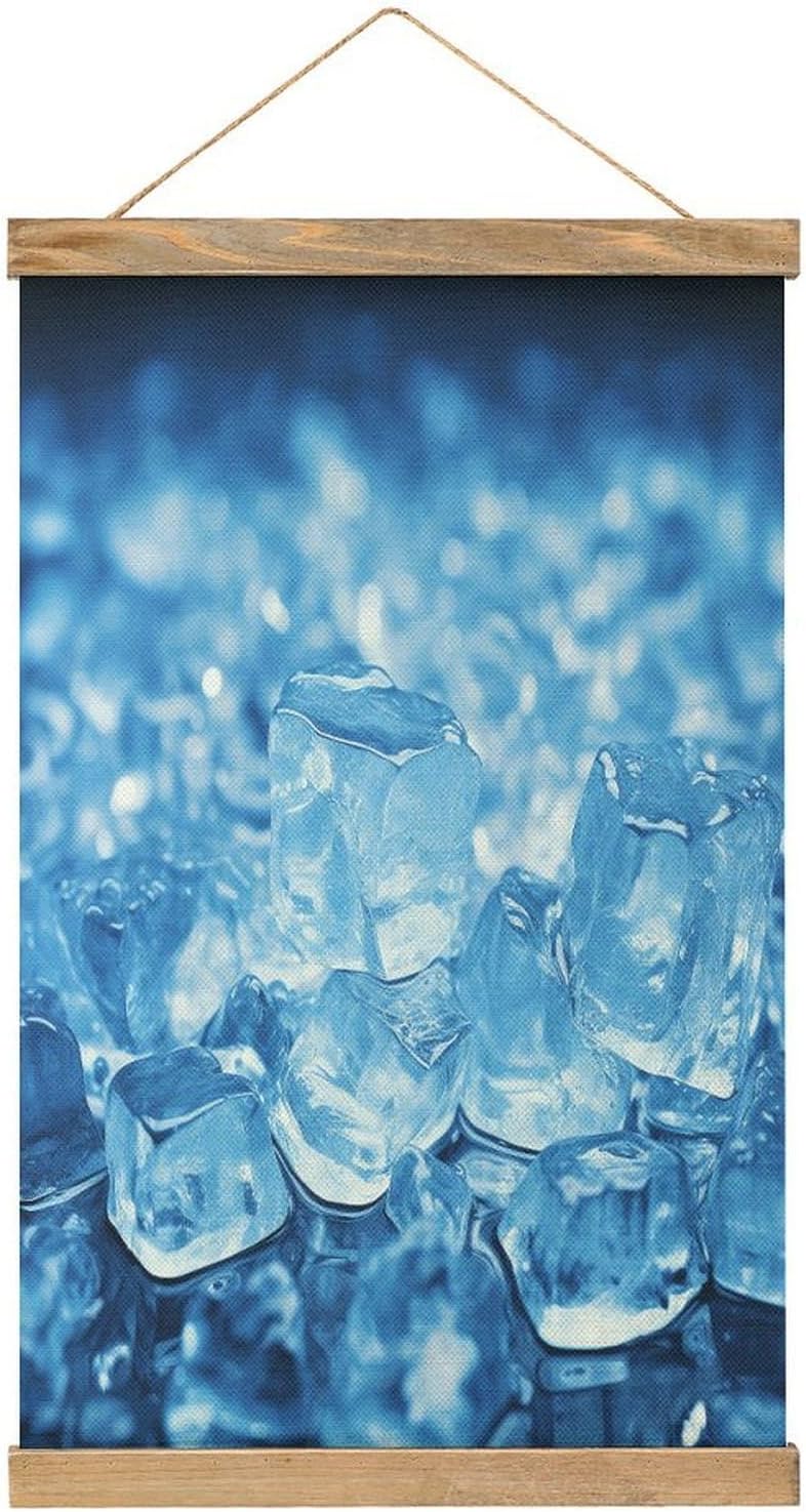 Vintage Blue Ice Cube Background Poster with Wooden Frame Personalized Linen Hanging Scroll Painting Rustic Wall Hanging Illustrative Modern Artwork Decor for Home Living Room Bedroom Office