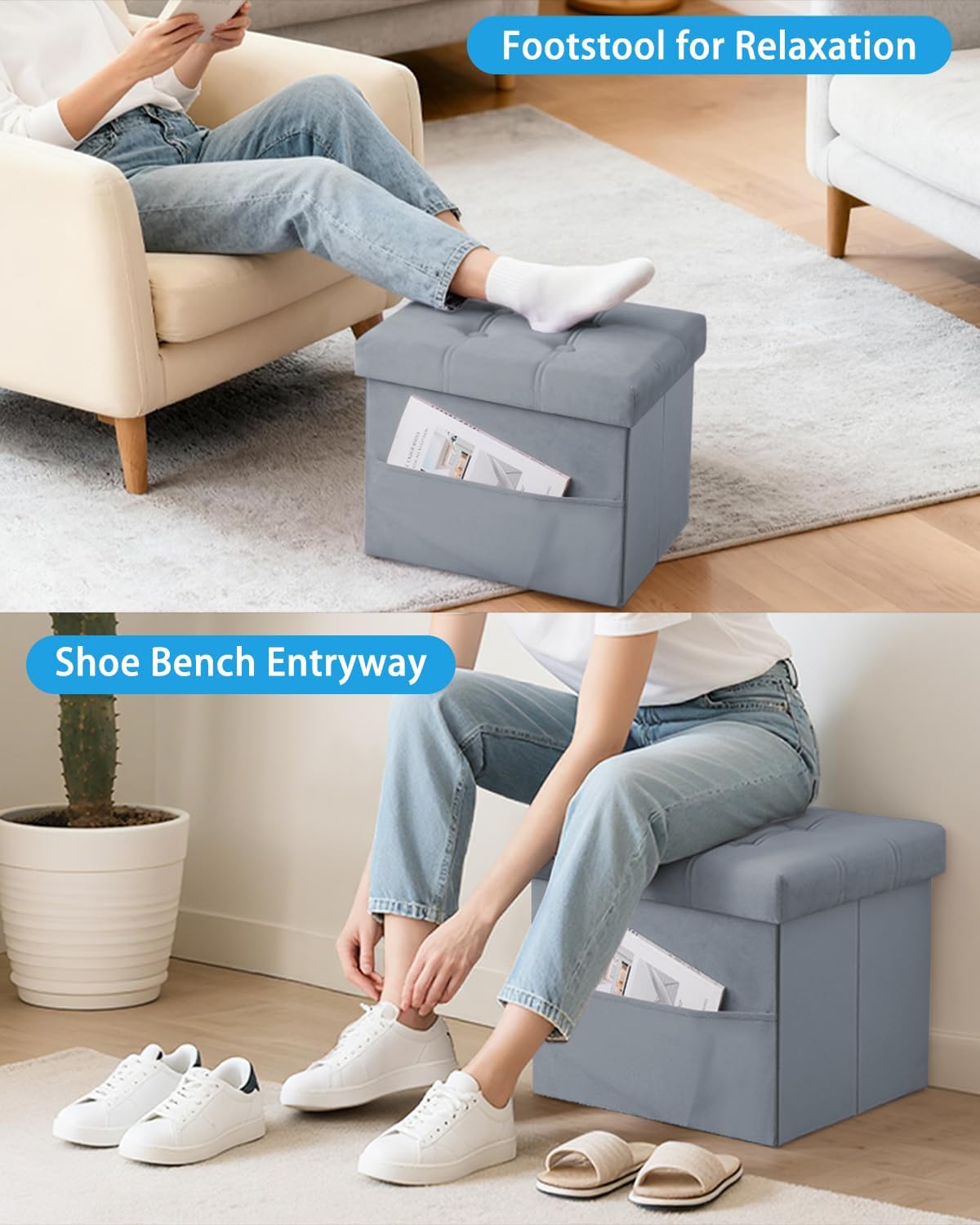 Storage Ottoman Foot Stool, 17 inches Folding Ottoman with Storages, Velvet Storage Bench with Side Pocket, Foot Rest for Living Room, Bedroom (Grey)