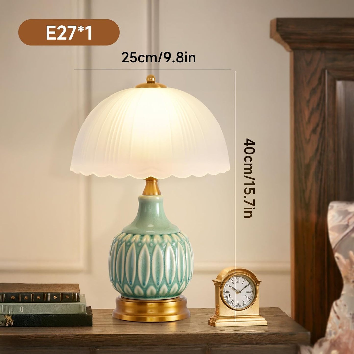 Vintage Lamp for Living Room,15.7" High 9.8“Wide Modern Ceramic Table Lamps for Bedroom,Retro Bedside Nightstand Traditional Lamps, Classic Chinoiserie Green Lamp for Home Decor