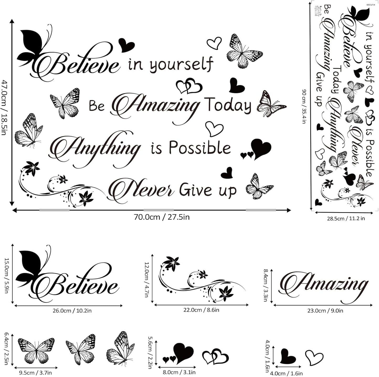 Inspirational Butterfly Wall Decals Set, Believe in Yourself - Motivational Quotes Wall Stickers, Removable Vinyl Lettering Art Decor for Bedroom, Office, Classroom, Kids Room