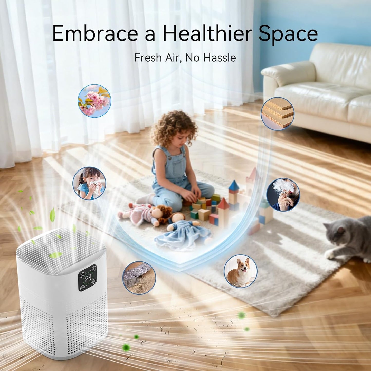 Air Purifier for bedroom, air purifier for Home Large Room 1080 sqft with 360° Air Inlet, 3 Speeds, 9 timer, Energy Saving 12W for Home, Office, Living Room for Smoke Pet Dander Odor, White