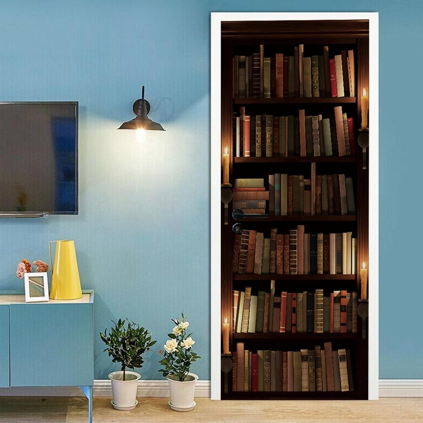 3D Door Stickers for Interior Doors Mysterious Old Library Bookshelf with Candle and Books Vinyl Waterproof Self Adhesive Door Mural Decals for Bedroom Office Bathroom 90 x 200cm