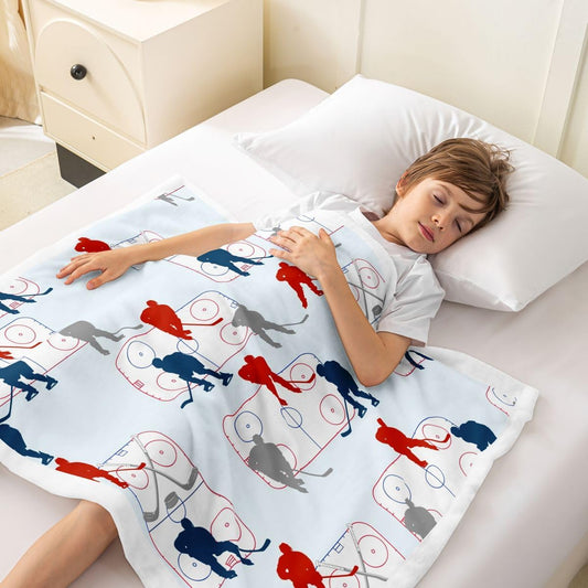 Manfei Ice Hockey Throw Blanket Red Blue Grey Hockey Player Fleece Blanket Winter Sports Theme Cozy Throws for Bed Couch Sofa,Kids Boys Girls Room Decor,Soft and Breathable(40 x 50 Inches)