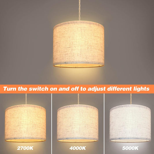 Plug in Pendant Light, Hanging Lights with Plug in Cord, Hanging Lamp with 15ft Hemp Rope, On/Off Switch, Beige Linen Shade, Light Fixture for Bedroom, Living Room, Dining Table 2 Pack