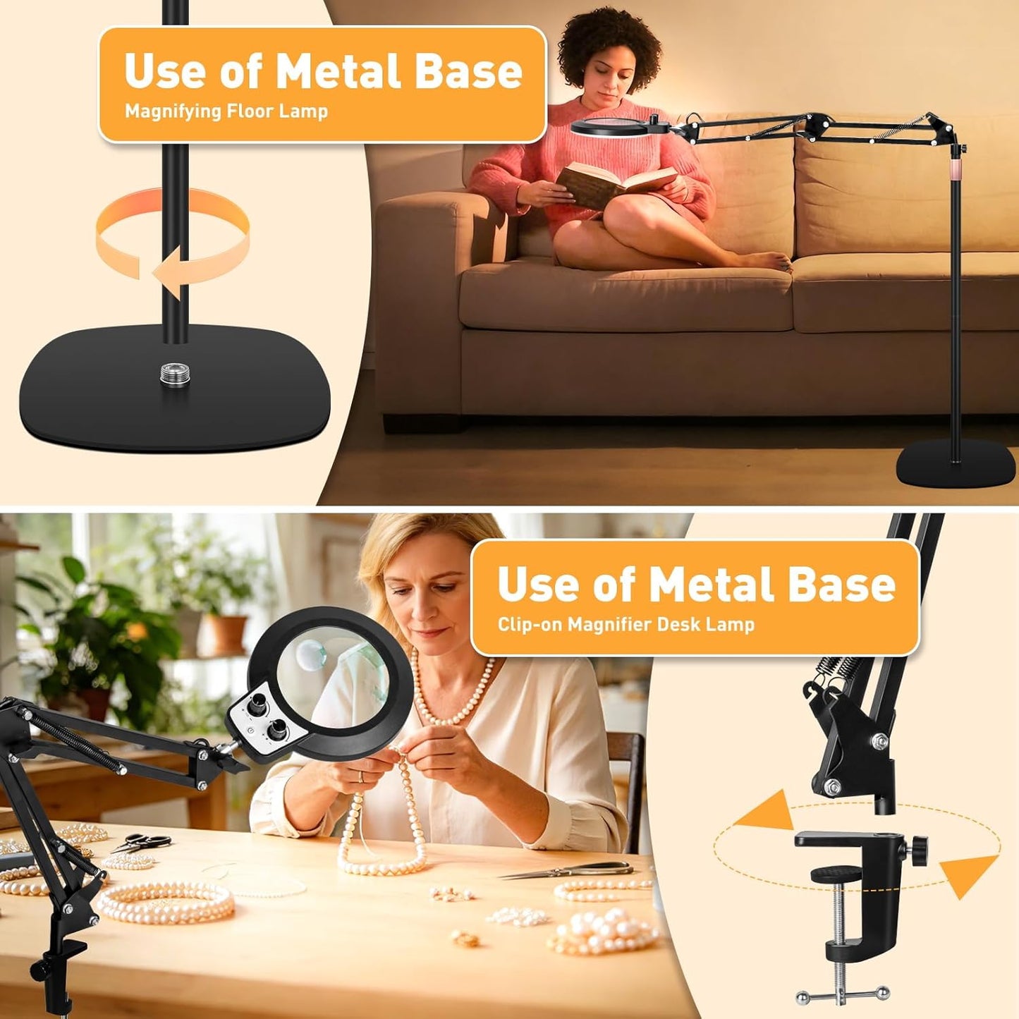 30X 12X Large Floor Magnifying Glass with Light and Stand, Floor Magnifying Lamp Adjustable Height,Infinite Color Dimmable, 4-in-1 Lighted Magnifier lamp for Close Work,Reading,Painting, Hobby（Black）