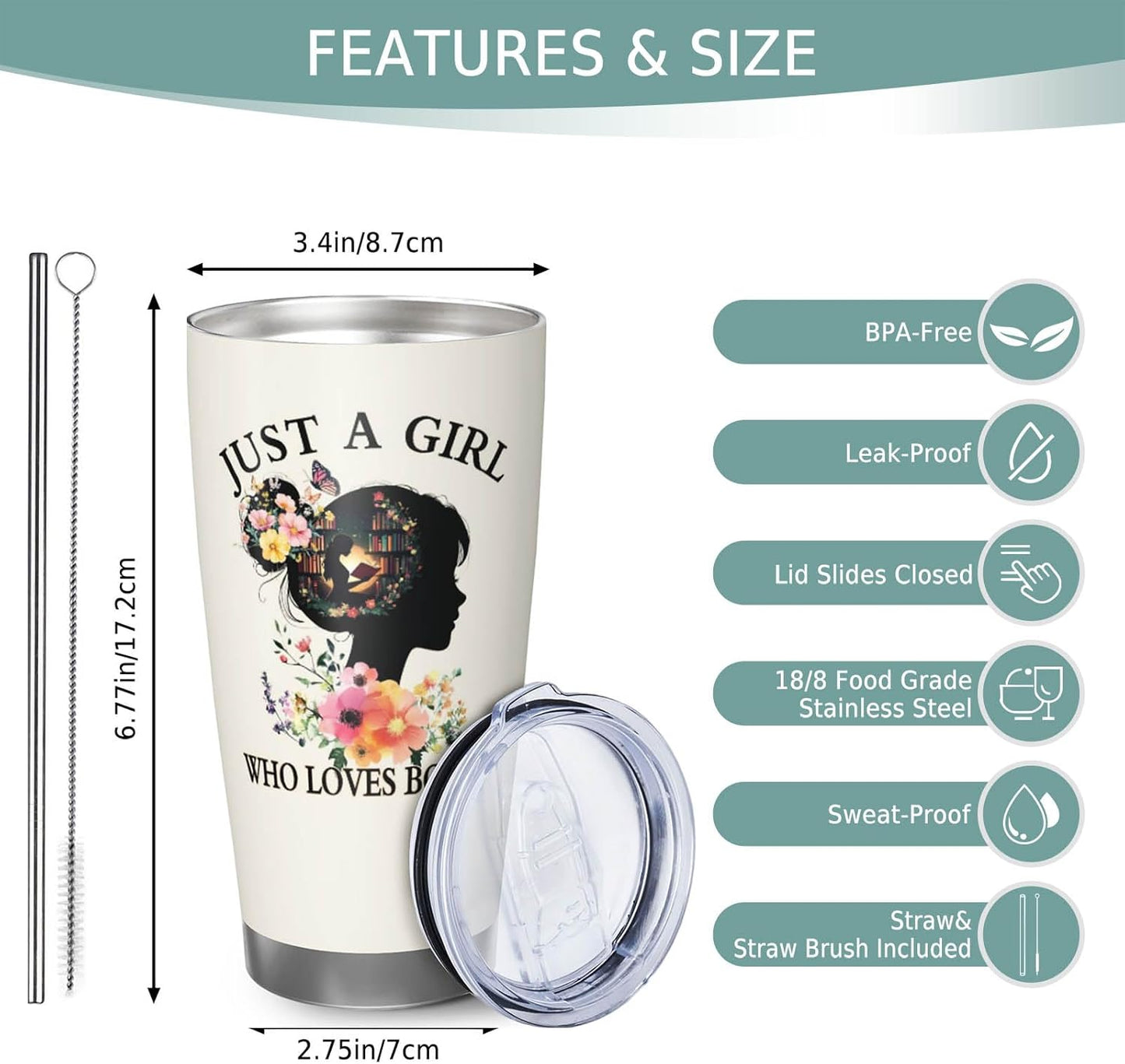 Just a Girl Who Loves Books Gifts, Book Themed Tumbler Gift Coffee Mugs, Gifts for Women Who Love Reading Travel Mug, Book Related 20oz Bookish Coffee Tumbler