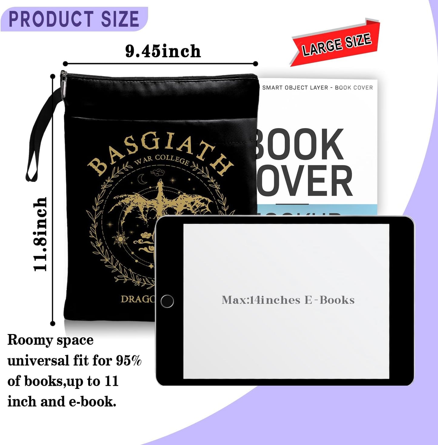 Book Cover Dragon Ridder Inspired Gift, Dragon Merch Pattern Reusable Book Pouch, BASGIATH WAR COLLEGA Book Sleeve for Book Lovers (Black-Dragon 2, Large)