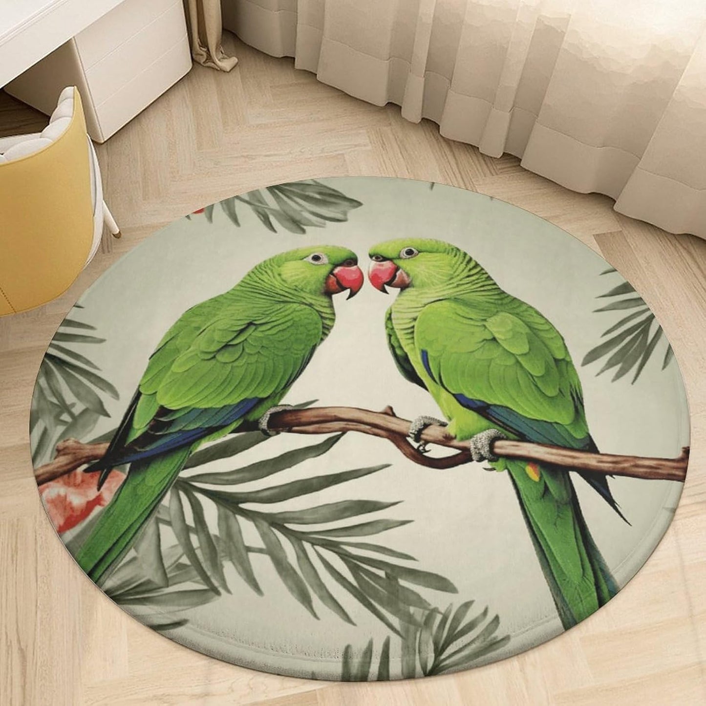 Couple Parrots Olive Circle Rug Retro Luxury Coral Velvet Floor Mat Non Slip Soft Indoor Floor Carpet Comfy Thickened Area Rugs Modern Aesthetic Minimalist Carpets for Home Decor