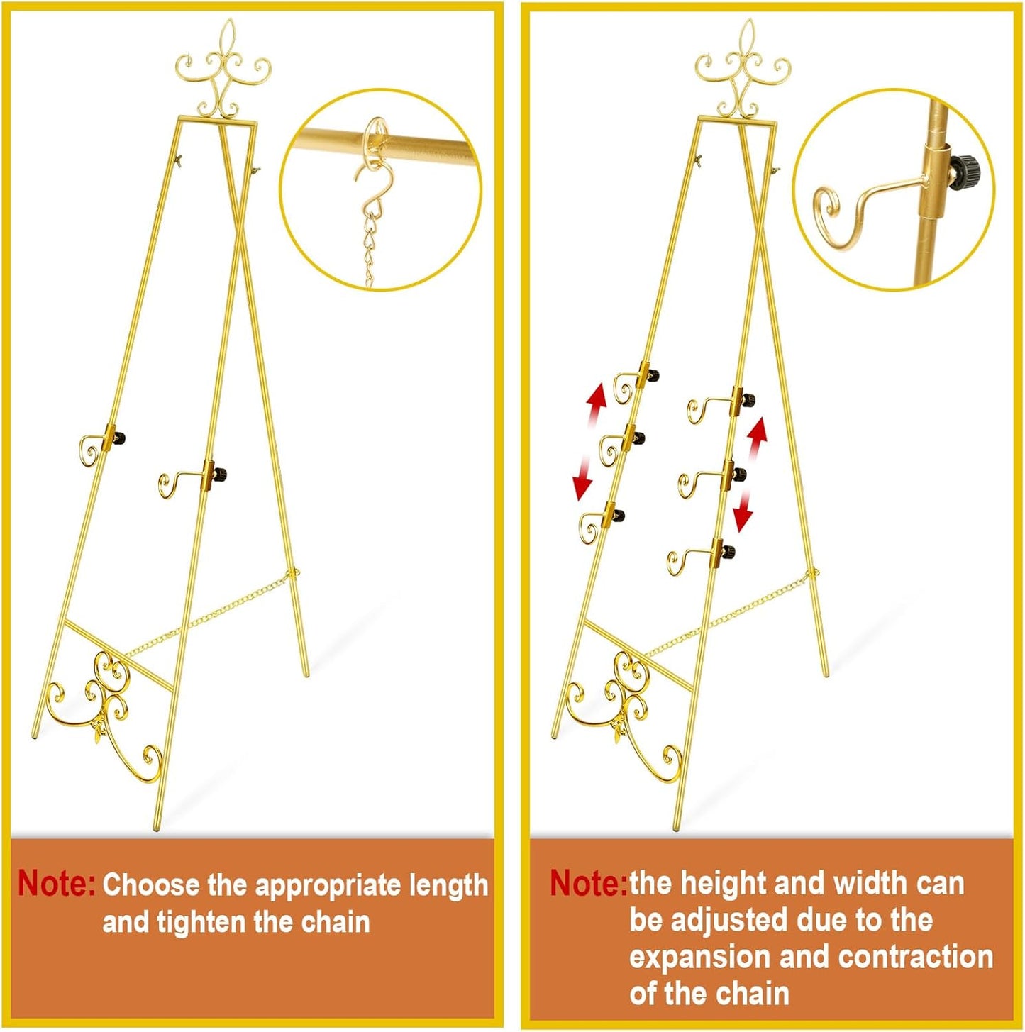 57'' Gold Easel Stand for Sign, Heavy Duty Metal Display Stand with Adjustable Chain, Vintage Decor Art Easel for Display, Picture Frame Stands for Wedding Welcome Sign Posters Painting
