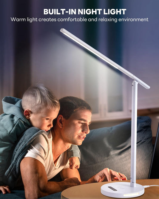 Upgraded LED Desk Lamp with Wireless Charger, Stepless Dimmable Foldable Table Lamp for Home Bedroom Office Sturdy Room, 3 Color Temperatures, Memory Function