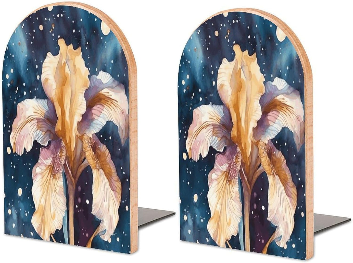 Iris Flower Image Bookend for Shelves Wooden Book End Large Size Sturdy Book Holders Stoppers with Metal Base for Bookshelves Slick Decorative Bookends Stands