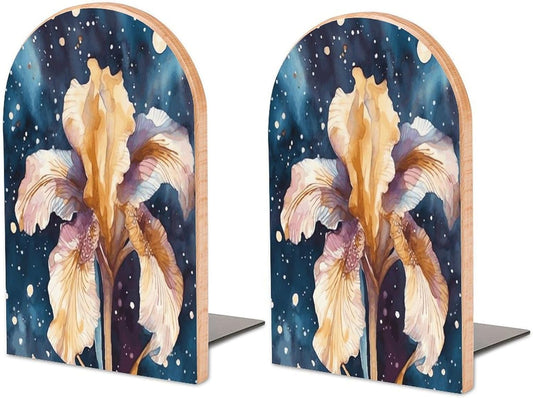 Iris Flower Image Bookend for Shelves Wooden Book End Large Size Sturdy Book Holders Stoppers with Metal Base for Bookshelves Slick Decorative Bookends Stands